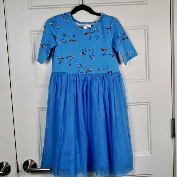 NWT Hanna Anderson Blue Unicorn Character Star Mesh Tulle Dress Size 130 /8 - Picture 1 of 6
